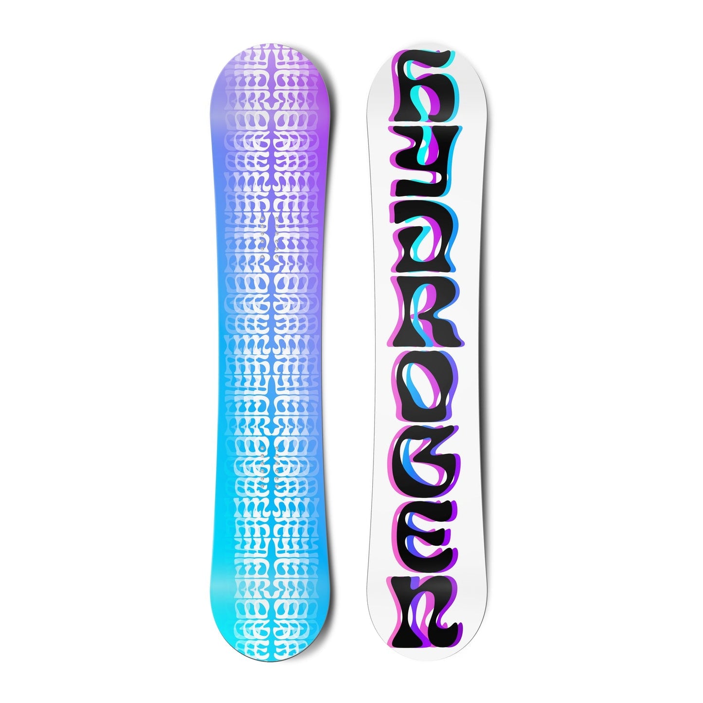 Top and bottom view of a snowboard.The top view shows the text “hydrogen” in overlapping blue,
pink and black font. The bottom view is a purple to blue gradient with white geometric pattern overlay.