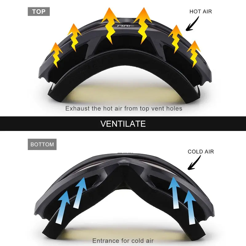 Lunettes de ski premium noires avec ventilation, design ergonomique et trous d'aération pour un confort optimal.