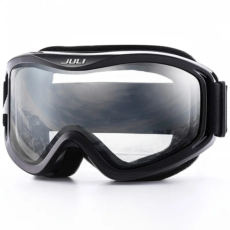 Lunettes de ski noires avec cadre en TPU et lentilles transparentes, adaptées pour le snowboard et le ski.