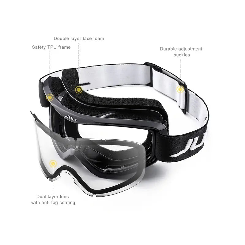 Lunettes de ski premium en noir avec un cadre TPU, verre transparent anti-buée et rembourrage en mousse double couche.